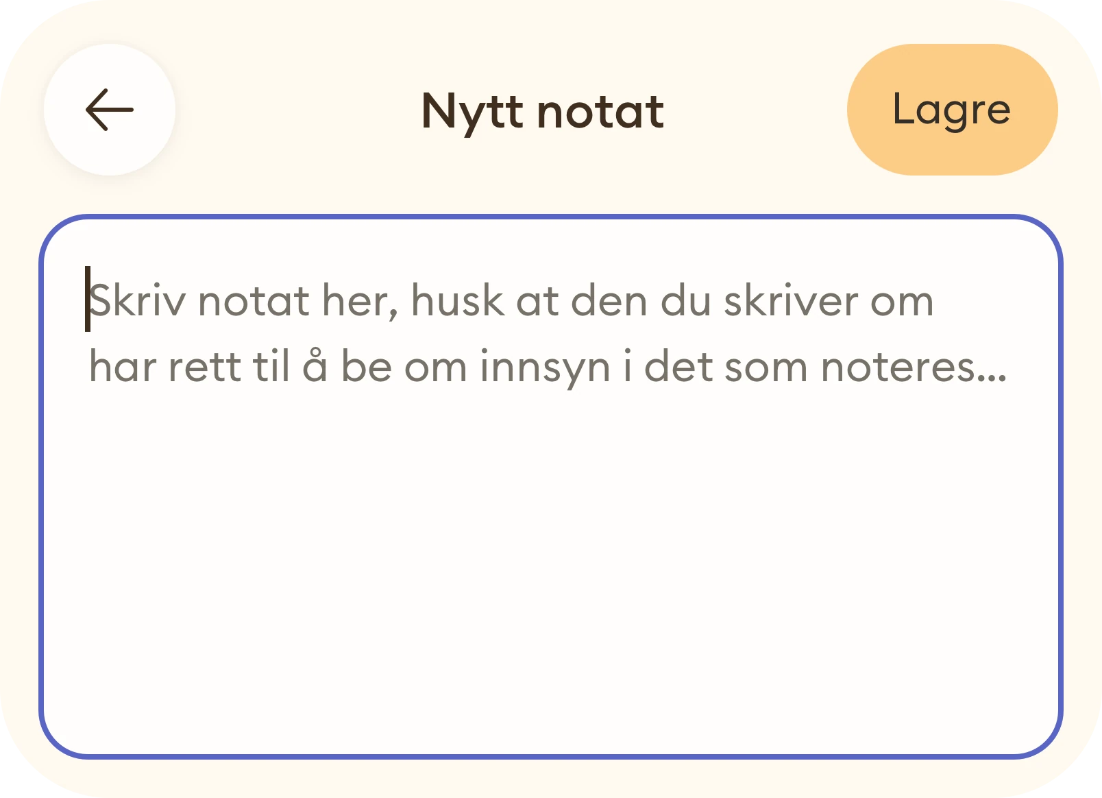 Skjermbilde av nytt notat-skjerm i Meander-appen